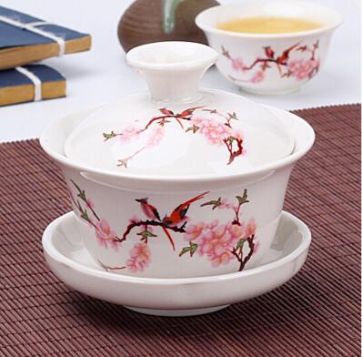 Image of Hand Painted Lake and Mountains Ceramic Porcelain Gaiwan Chinese Kung Fu Tea Set Teaware Tureen Sancai Tea Cup Pu'er Kettle