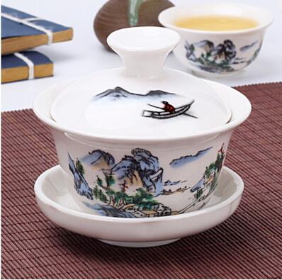 Image of Hand Painted Lake and Mountains Ceramic Porcelain Gaiwan Chinese Kung Fu Tea Set Teaware Tureen Sancai Tea Cup Pu'er Kettle