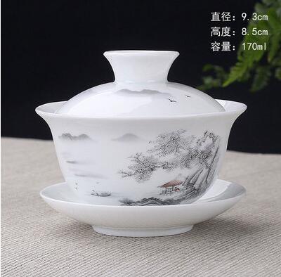 Image of Hand Painted Lake and Mountains Ceramic Porcelain Gaiwan Chinese Kung Fu Tea Set Teaware Tureen Sancai Tea Cup Pu'er Kettle