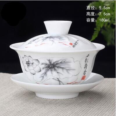 Image of Hand Painted Lake and Mountains Ceramic Porcelain Gaiwan Chinese Kung Fu Tea Set Teaware Tureen Sancai Tea Cup Pu'er Kettle