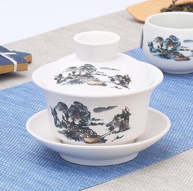 Image of Hand Painted Lake and Mountains Ceramic Porcelain Gaiwan Chinese Kung Fu Tea Set Teaware Tureen Sancai Tea Cup Pu'er Kettle