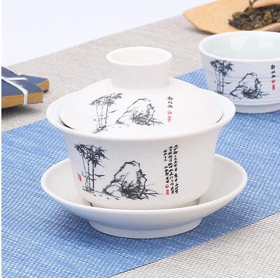 Image of Hand Painted Lake and Mountains Ceramic Porcelain Gaiwan Chinese Kung Fu Tea Set Teaware Tureen Sancai Tea Cup Pu'er Kettle