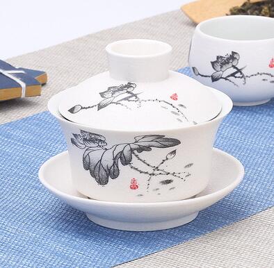 Image of Hand Painted Lake and Mountains Ceramic Porcelain Gaiwan Chinese Kung Fu Tea Set Teaware Tureen Sancai Tea Cup Pu'er Kettle