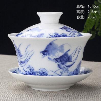 Image of Hand Painted Lake and Mountains Ceramic Porcelain Gaiwan Chinese Kung Fu Tea Set Teaware Tureen Sancai Tea Cup Pu'er Kettle