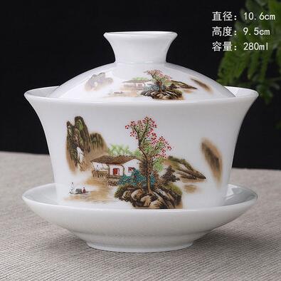 Image of Hand Painted Lake and Mountains Ceramic Porcelain Gaiwan Chinese Kung Fu Tea Set Teaware Tureen Sancai Tea Cup Pu'er Kettle