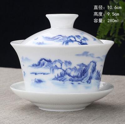 Image of Hand Painted Lake and Mountains Ceramic Porcelain Gaiwan Chinese Kung Fu Tea Set Teaware Tureen Sancai Tea Cup Pu'er Kettle