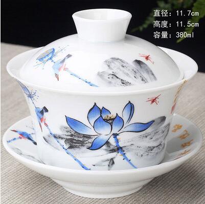 Image of Hand Painted Lake and Mountains Ceramic Porcelain Gaiwan Chinese Kung Fu Tea Set Teaware Tureen Sancai Tea Cup Pu'er Kettle