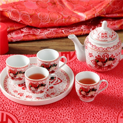 Image of Ceramics Tea Set Creative Wedding Red Teacup Cold Kettle Home Teapot Chinese Style Kung Fu Black Tea Da Hong Pao Teaware