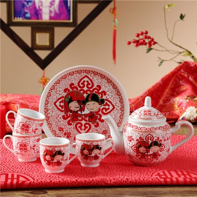 Image of Ceramics Tea Set Creative Wedding Red Teacup Cold Kettle Home Teapot Chinese Style Kung Fu Black Tea Da Hong Pao Teaware