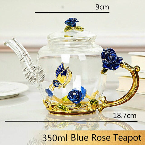 Image of Red rose Enamel Crystal Glass Tea Set Teapot Cup Set Flower Tea Glass Cups for Hot and Cold Drinks Home Office Teaware sets Gift