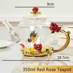 Red rose Enamel Crystal Glass Tea Set Teapot Cup Set Flower Tea Glass Cups for Hot and Cold Drinks Home Office Teaware sets Gift