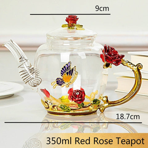 Image of Red rose Enamel Crystal Glass Tea Set Teapot Cup Set Flower Tea Glass Cups for Hot and Cold Drinks Home Office Teaware sets Gift