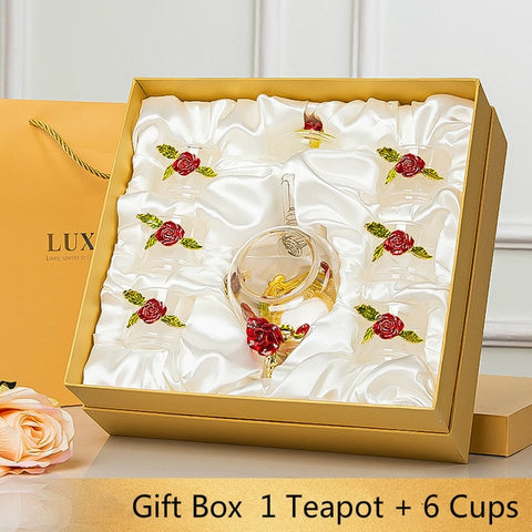 Image of Red rose Enamel Crystal Glass Tea Set Teapot Cup Set Flower Tea Glass Cups for Hot and Cold Drinks Home Office Teaware sets Gift