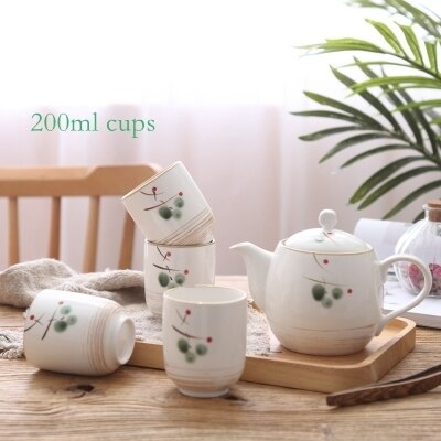 Image of Houmaid Drinkware Japanese Creative Ceramic Teaware Set with Wooden Tray Porcelain Modern Fashion Teapot Set with 4PCS Cups