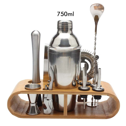 Image of 750ml/600ml Stainless Bar Cocktail Shaker Set Barware Set Shaker Set with Wooden Rack