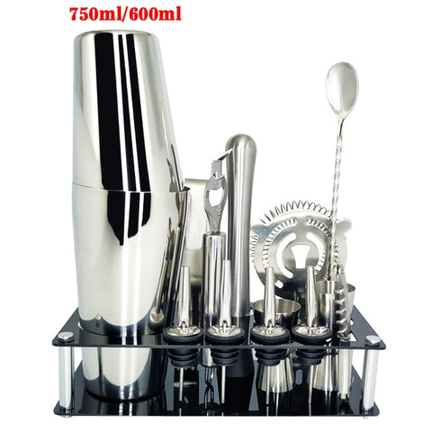 Image of 750ml/600ml Stainless Bar Cocktail Shaker Set Barware Set Shaker Set with Wooden Rack