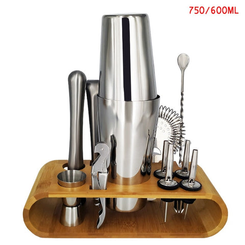 Image of 750ml/600ml Stainless Bar Cocktail Shaker Set Barware Set Shaker Set with Wooden Rack