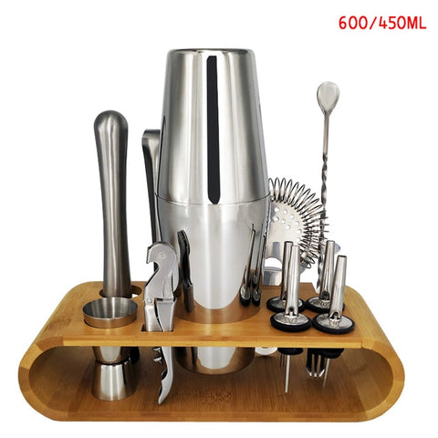 Image of 750ml/600ml Stainless Bar Cocktail Shaker Set Barware Set Shaker Set with Wooden Rack