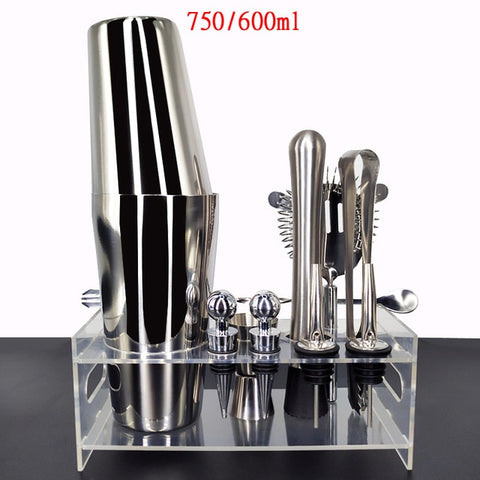 Image of 750ml/600ml Stainless Bar Cocktail Shaker Set Barware Set Shaker Set with Wooden Rack