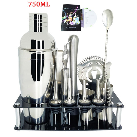 Image of 750ml/600ml Stainless Bar Cocktail Shaker Set Barware Set Shaker Set with Wooden Rack