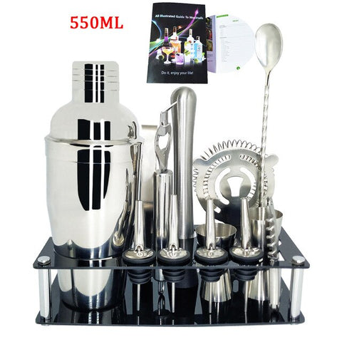 Image of 750ml/600ml Stainless Bar Cocktail Shaker Set Barware Set Shaker Set with Wooden Rack