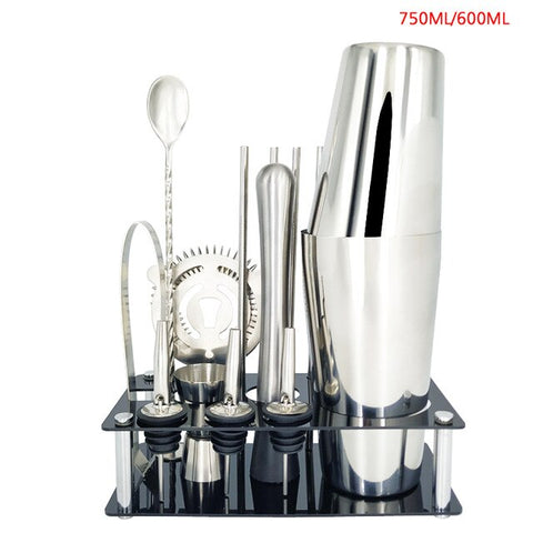 Image of 750ml/600ml Stainless Bar Cocktail Shaker Set Barware Set Shaker Set with Wooden Rack