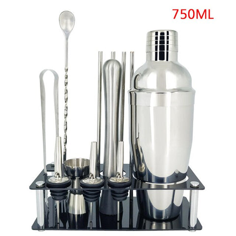 Image of 750ml/600ml Stainless Bar Cocktail Shaker Set Barware Set Shaker Set with Wooden Rack