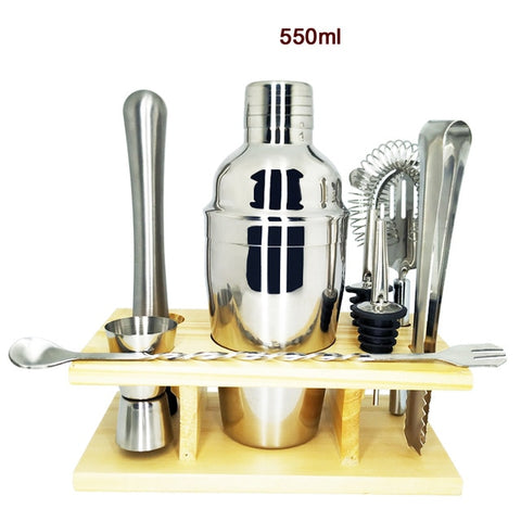 Image of 750ml/600ml Stainless Bar Cocktail Shaker Set Barware Set Shaker Set with Wooden Rack