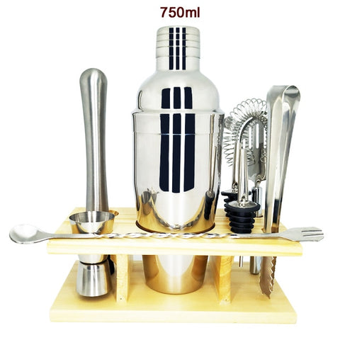 Image of 750ml/600ml Stainless Bar Cocktail Shaker Set Barware Set Shaker Set with Wooden Rack