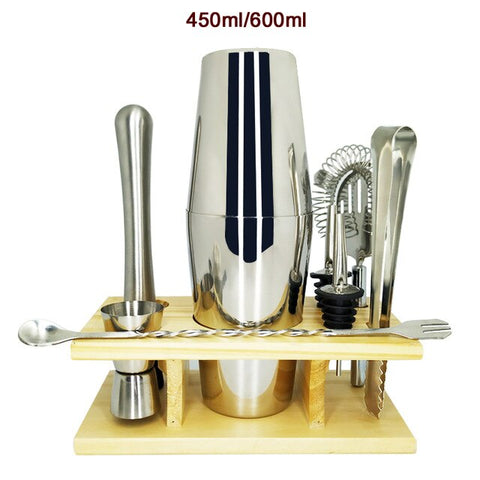 Image of 750ml/600ml Stainless Bar Cocktail Shaker Set Barware Set Shaker Set with Wooden Rack