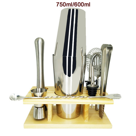 Image of 750ml/600ml Stainless Bar Cocktail Shaker Set Barware Set Shaker Set with Wooden Rack