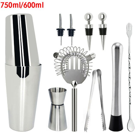 Image of 750ml/600ml Stainless Bar Cocktail Shaker Set Barware Set Shaker Set with Wooden Rack