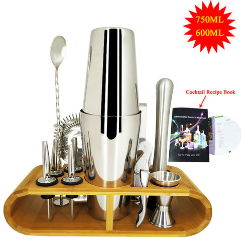 Image of 750ml/600ml Stainless Bar Cocktail Shaker Set Barware Set Shaker Set with Wooden Rack