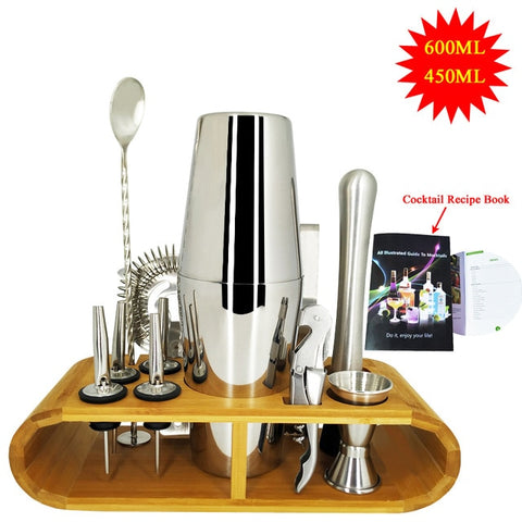 Image of 750ml/600ml Stainless Bar Cocktail Shaker Set Barware Set Shaker Set with Wooden Rack