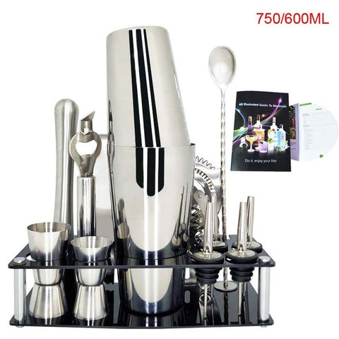 Image of 750ml/600ml Stainless Bar Cocktail Shaker Set Barware Set Shaker Set with Wooden Rack