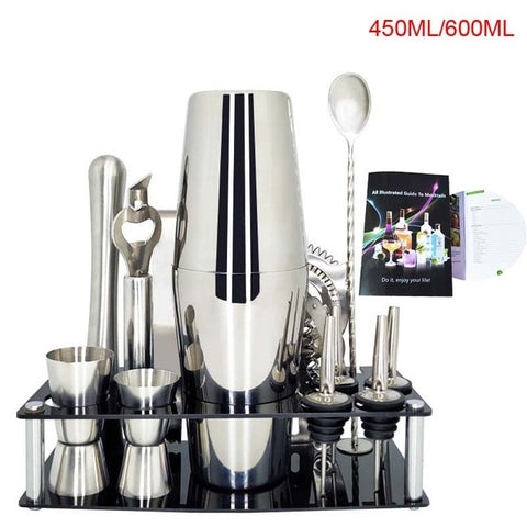 Image of 750ml/600ml Stainless Bar Cocktail Shaker Set Barware Set Shaker Set with Wooden Rack