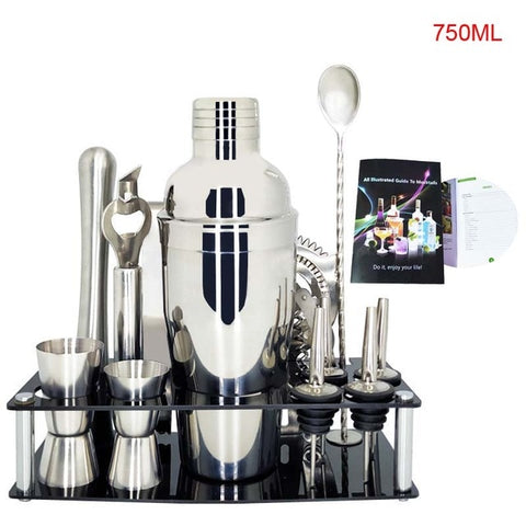 Image of 750ml/600ml Stainless Bar Cocktail Shaker Set Barware Set Shaker Set with Wooden Rack