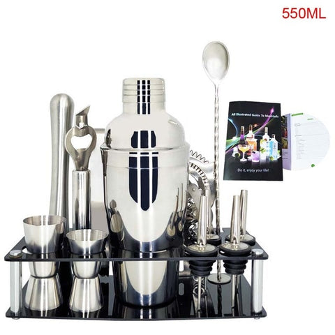 Image of 750ml/600ml Stainless Bar Cocktail Shaker Set Barware Set Shaker Set with Wooden Rack